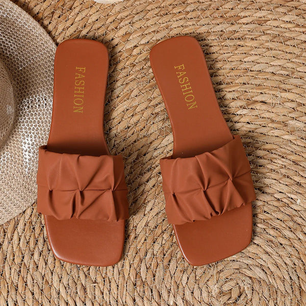 Paulette Ruched Square-Toe Flat Slide Sandals