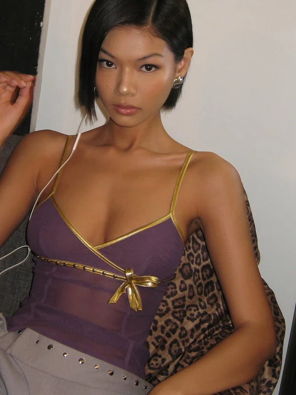 Nerissa Sheer Bow Cross-Strap Camisole Top One-piece