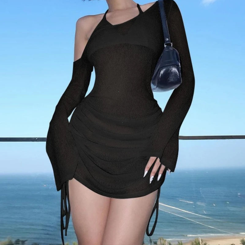 Sorelle Ruched Lace-Up One-Shoulder Mini Dress