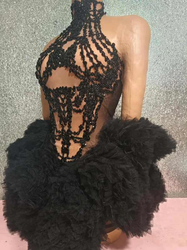 Raffaella Beaded Rhinestone Illusion Halter Tulle Mini Dress
