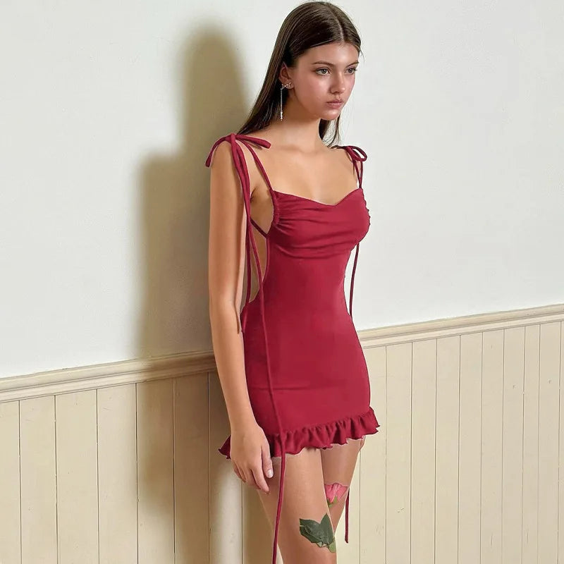 Crimson Ruffle Tie-Back Bodycon Mini Dress