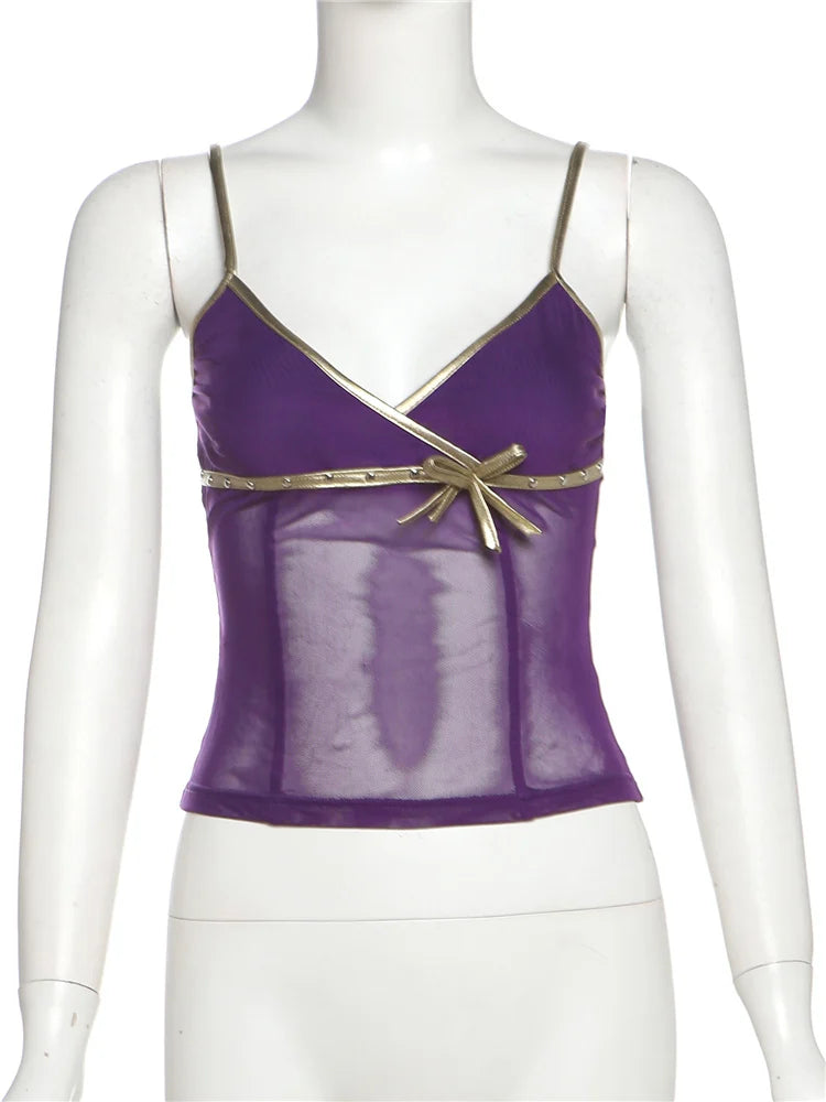 Nerissa Sheer Bow Cross-Strap Camisole Top One-piece