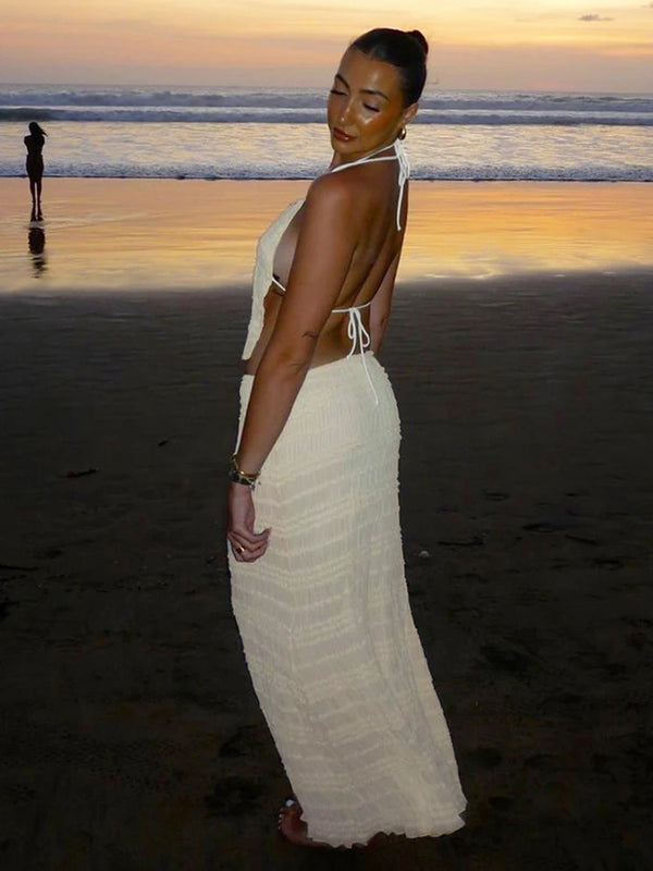 Daria Mesh Ruched Halter Maxi Skirt Set Two-piece