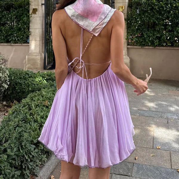 Elysia Purple Chiffon Backless Halter Mini Dress