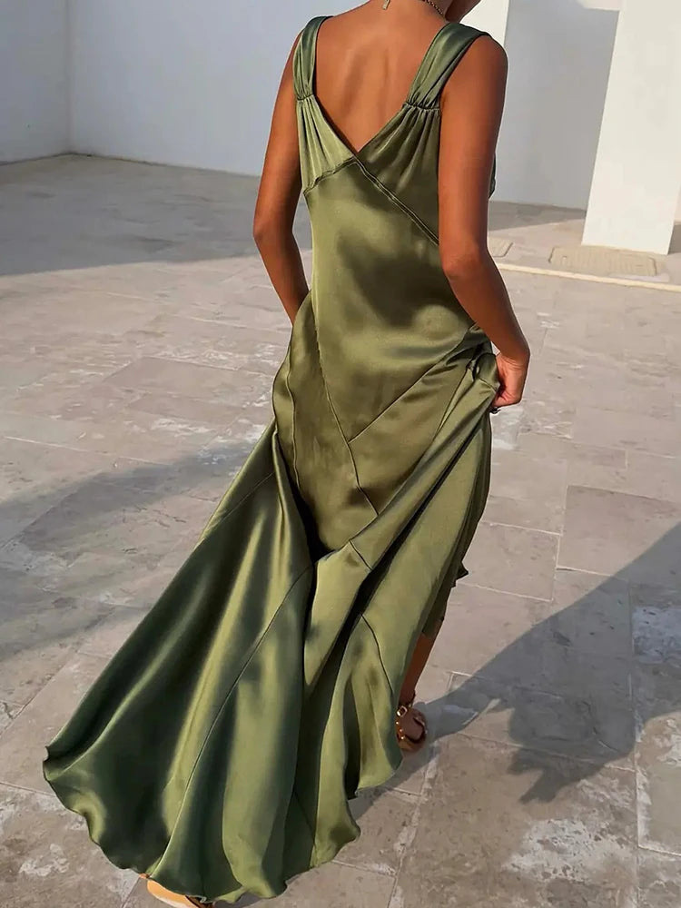 Solenne Satin V-Neck Backless Slit Maxi Dress