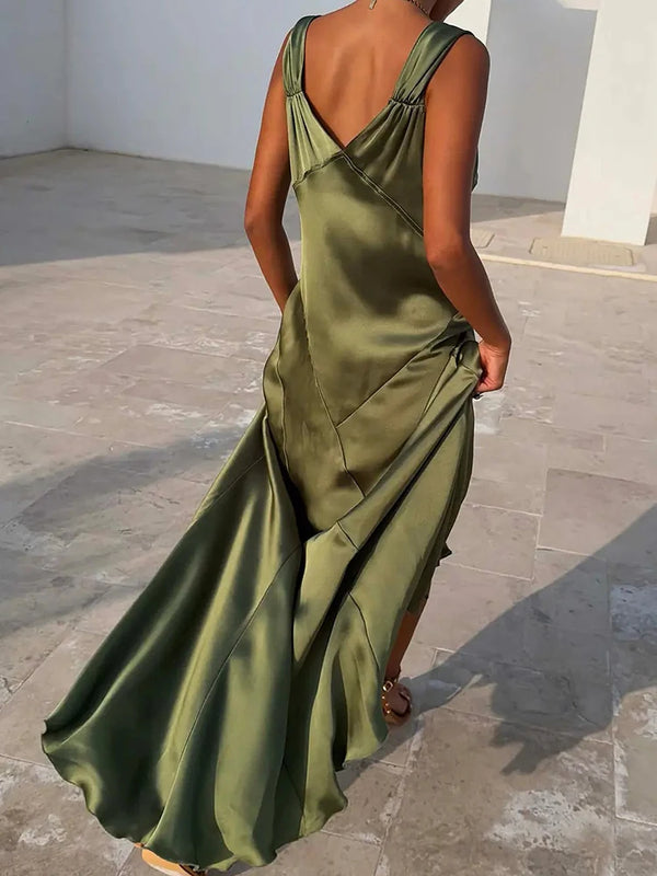 Solenne Satin V-Neck Backless Slit Maxi Dress