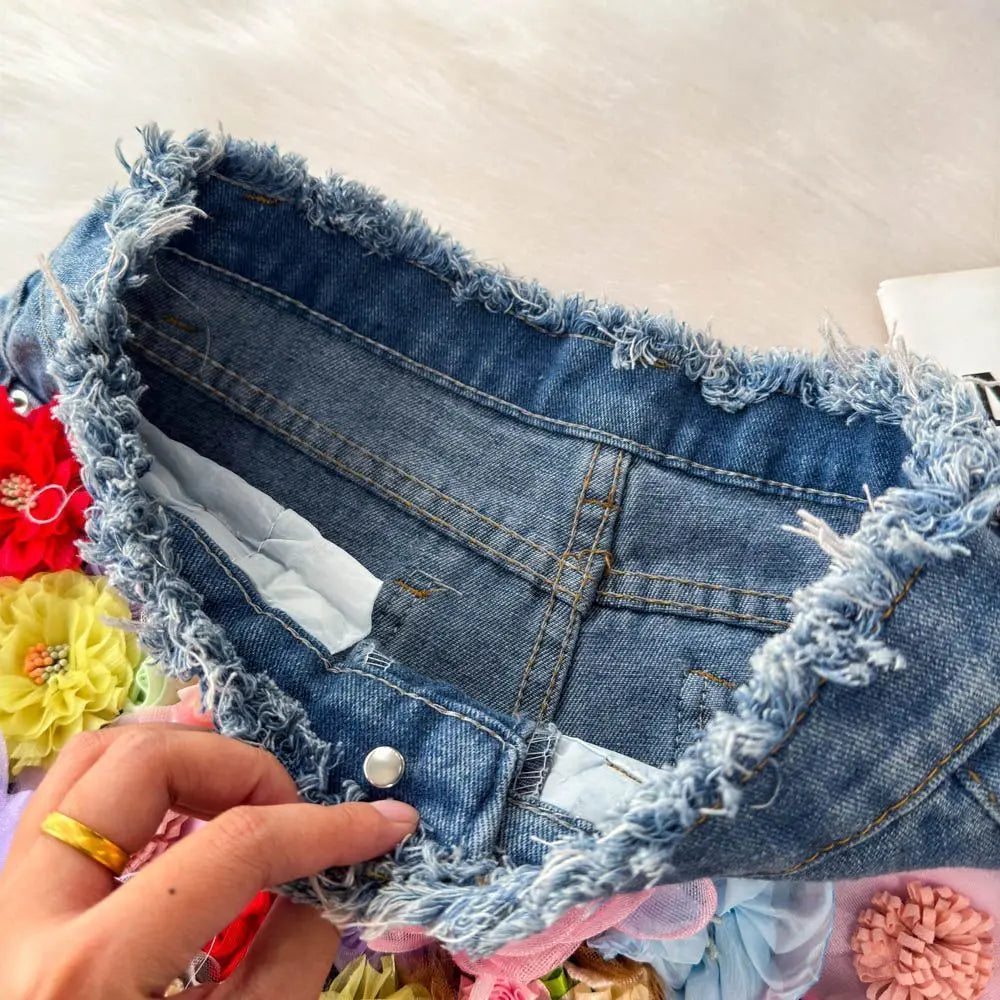 Flora 3D Floral Denim Shorts Apparel One-piece