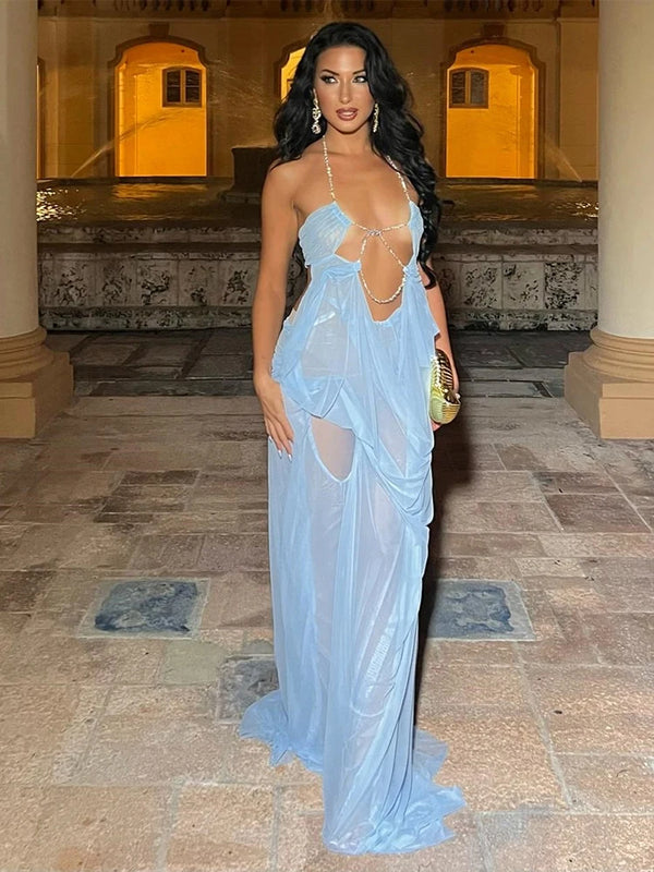 Kira Chain-Halter Mesh Maxi Dress