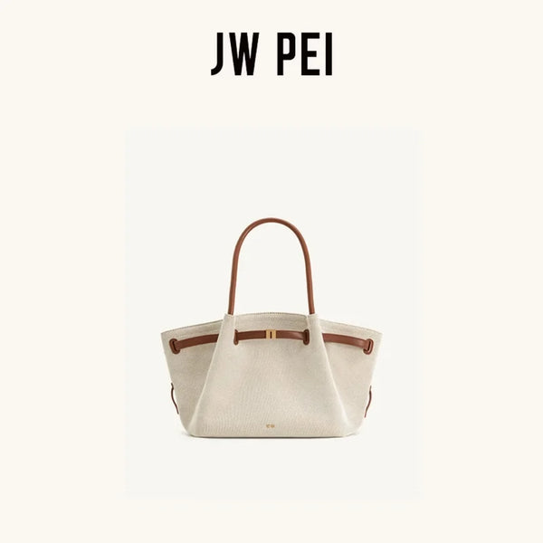 JW PEI Hana Canvas Stitching Tote Bag For Women Luxury Vegan Leather Shoulder Hangbag Summer Casual Slouchy Hobo Work Bag