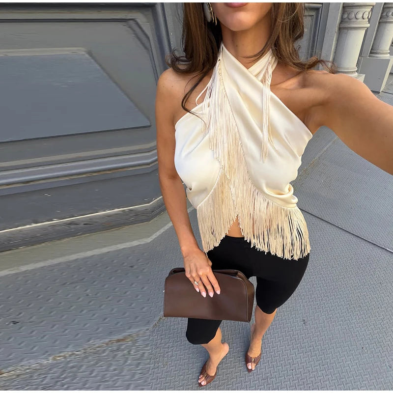 Esperanza Satin Fringe Cross-Wrap Halter Backless Crop Top One-piece