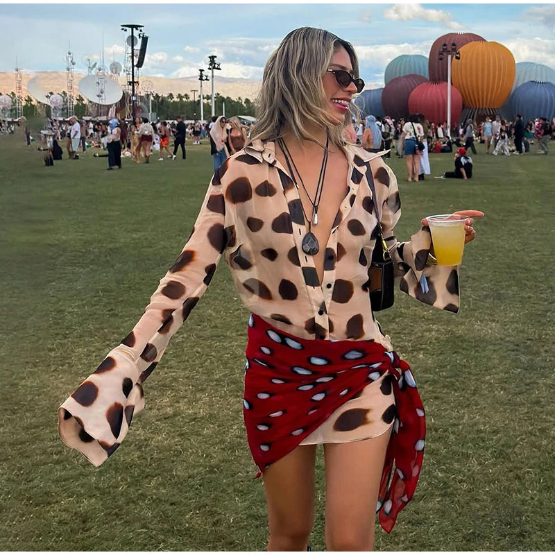 Fashion Printed Detachable Scarf Shirt Dress Women Flare Sleeve Single Breasted Mini Dresses 2026 Summer New Lady Vacation Wear
