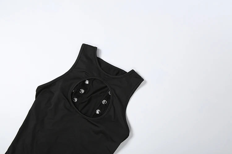 Kliou Sexy Hollow Mini Dress Woman o-Neck Sleeveless Metal Rings Cross Bandage Decoration Midnight Club Party Fashion Bodycon