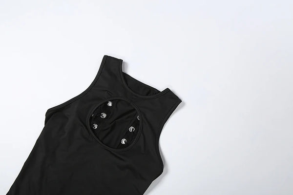 Kliou Sexy Hollow Mini Dress Woman o-Neck Sleeveless Metal Rings Cross Bandage Decoration Midnight Club Party Fashion Bodycon