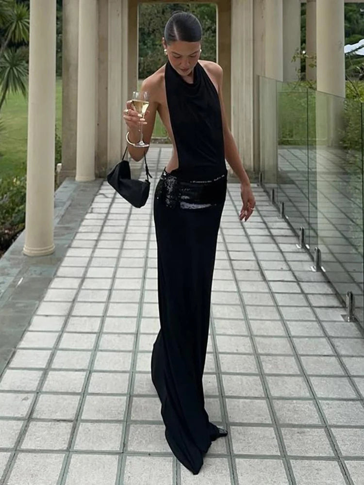 Nerina Draped Backless Halter Maxi Dress