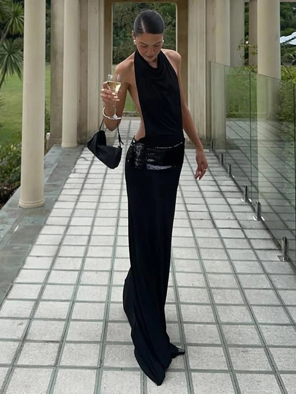 Nerina Draped Backless Halter Maxi Dress