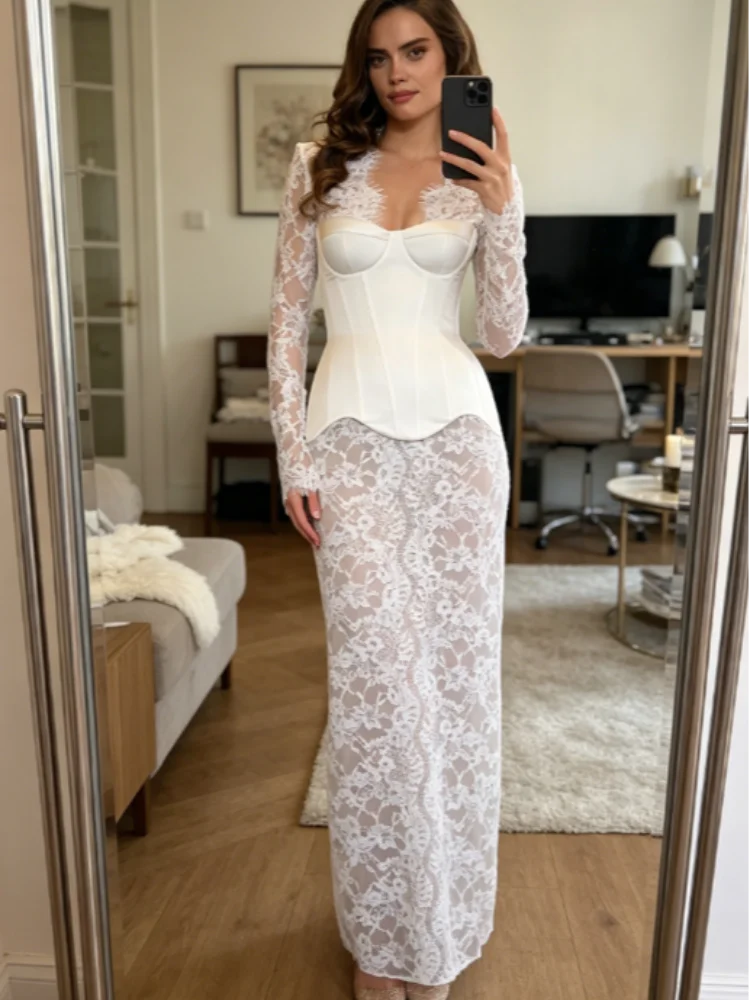 Whitney Lace Mesh Long-Sleeve Maxi Dress