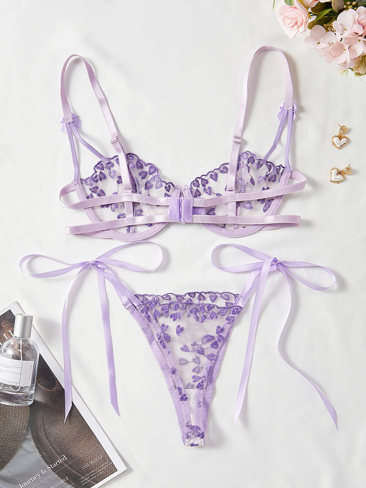 Zelinda Heart Embroidered Sheer Mesh Strappy Underwire Bra & Tie Thong Lingerie Two-piece