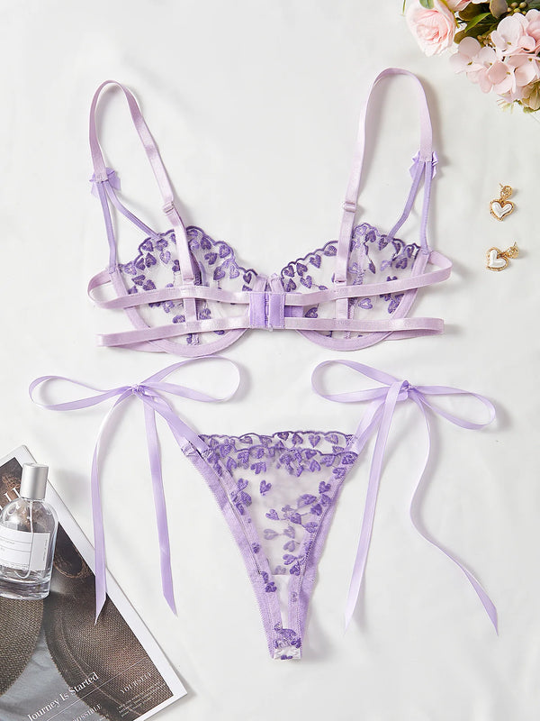 Zelinda Heart Embroidered Sheer Mesh Strappy Underwire Bra & Tie Thong Lingerie Two-piece
