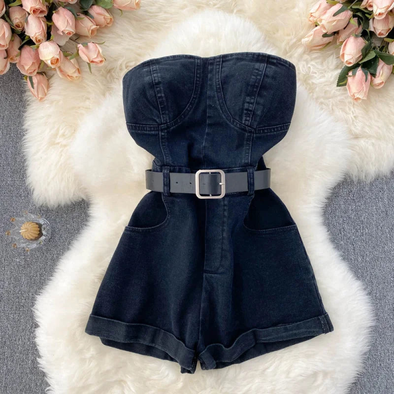 Petra High-Waist Denim Shorts Jumpsuit One-piece