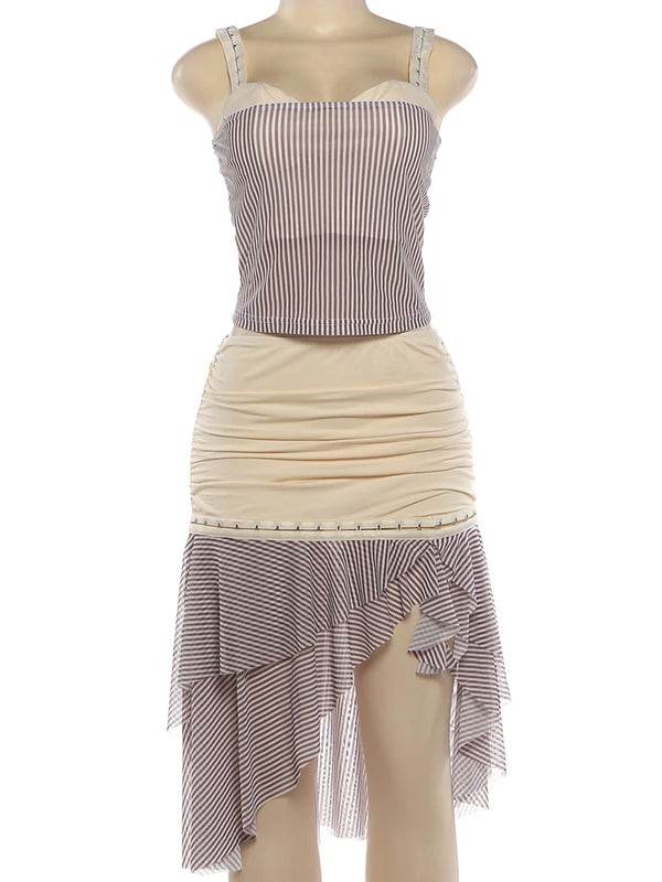 Katarina Ruched Ruffle Striped Mini Skirt Set Two-piece
