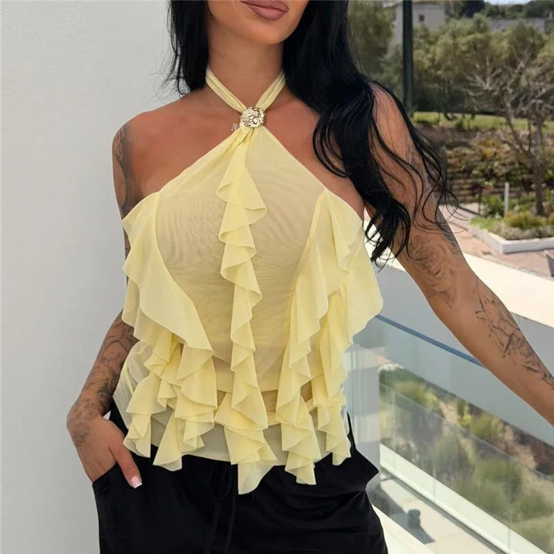 hirigin Women Halter Neck Ruffle Mesh Top Sexy Sheer See Through Backless Blouse with Rhinestone Buckle for Club Party Night Out