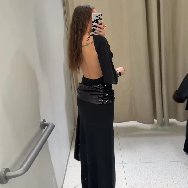 Alina Midnight Lace Sequin Maxi Dress