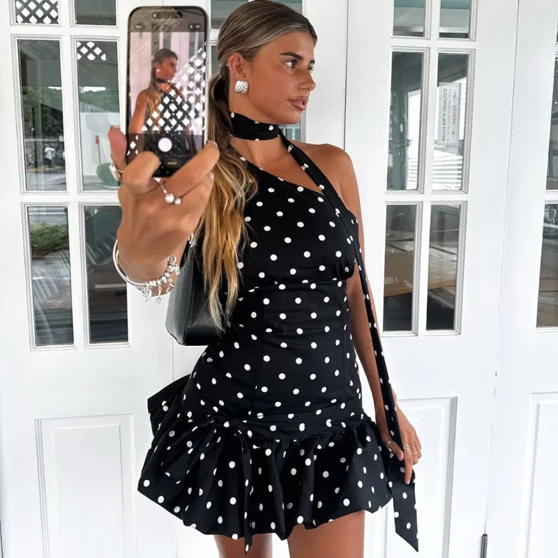 Isabella Riviera Polka Dot One-Shoulder Halter Ruffle Mini Dress