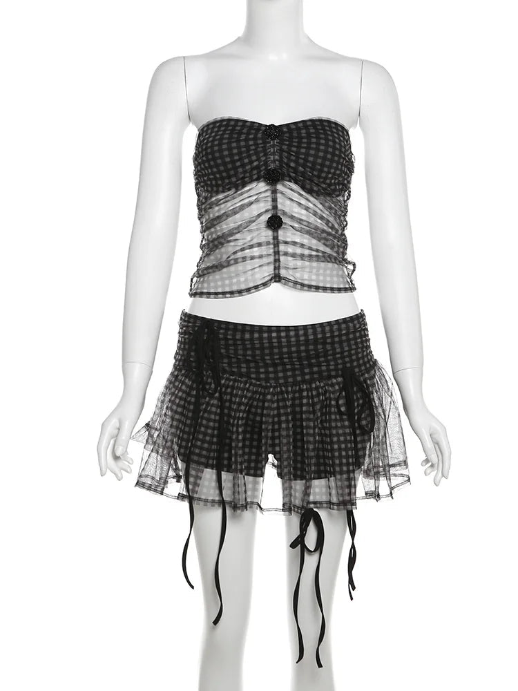 Sophia Gingham Mesh Ruched Two-piece Apparel Set Secondary image
