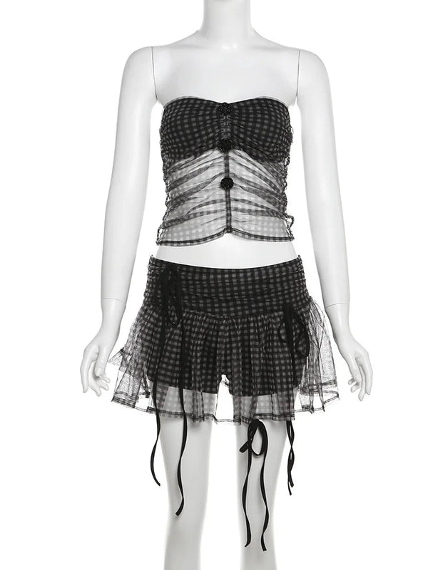 Sophia Gingham Mesh Ruched Two-piece Apparel Set
