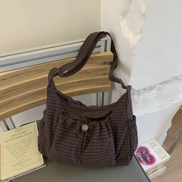 Korean Nylon Shoulder Bags Fashion Simple Plaid Zipper Tote Drawstring Pleated Cloud Bags New Commuter Crossbody Shoulder Bag