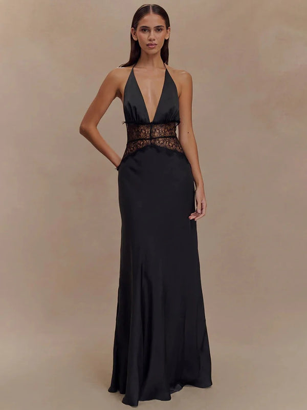 Calanthe Lace Halter Deep-V Maxi Dress