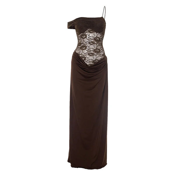Valentina Cocoa Lace Draped Maxi Dress