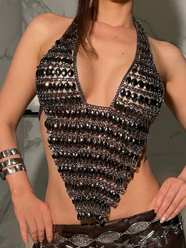 Lumiere Rhinestone Metal Halter Crop Top