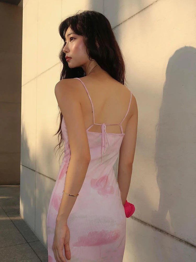 Blossom Printed-Mesh Cami Bodycon Midi Dress