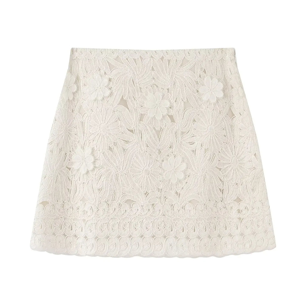 Evangelina Embroidered Lace Bell-Sleeve Tie-Neck Blouse & Mini Skirt Two-piece