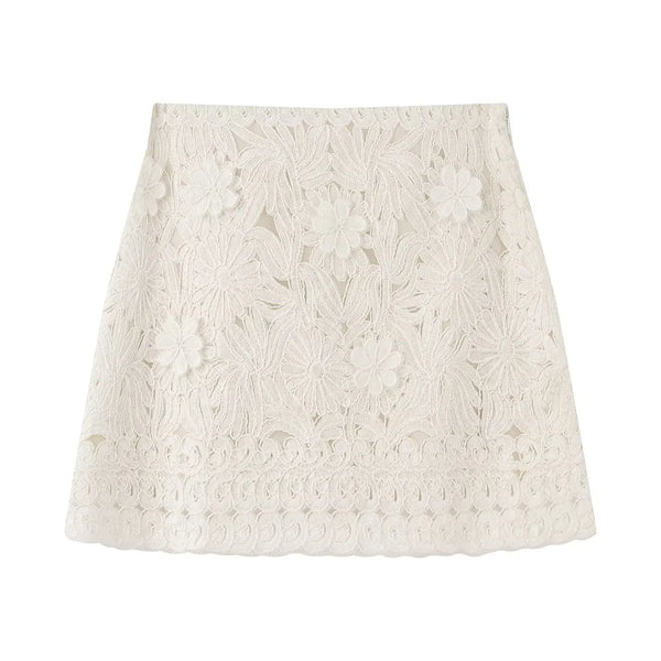 Evangelina Embroidered Lace Bell-Sleeve Tie-Neck Blouse & Mini Skirt Two-piece
