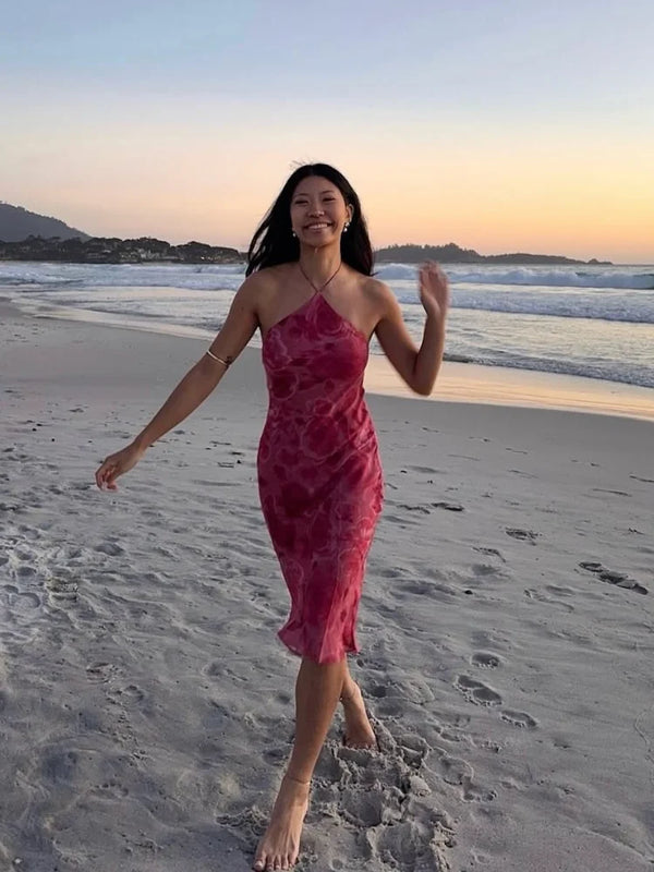 Ninon Rose Print Halter Backless Ruffle-Hem Midi Dress One-piece