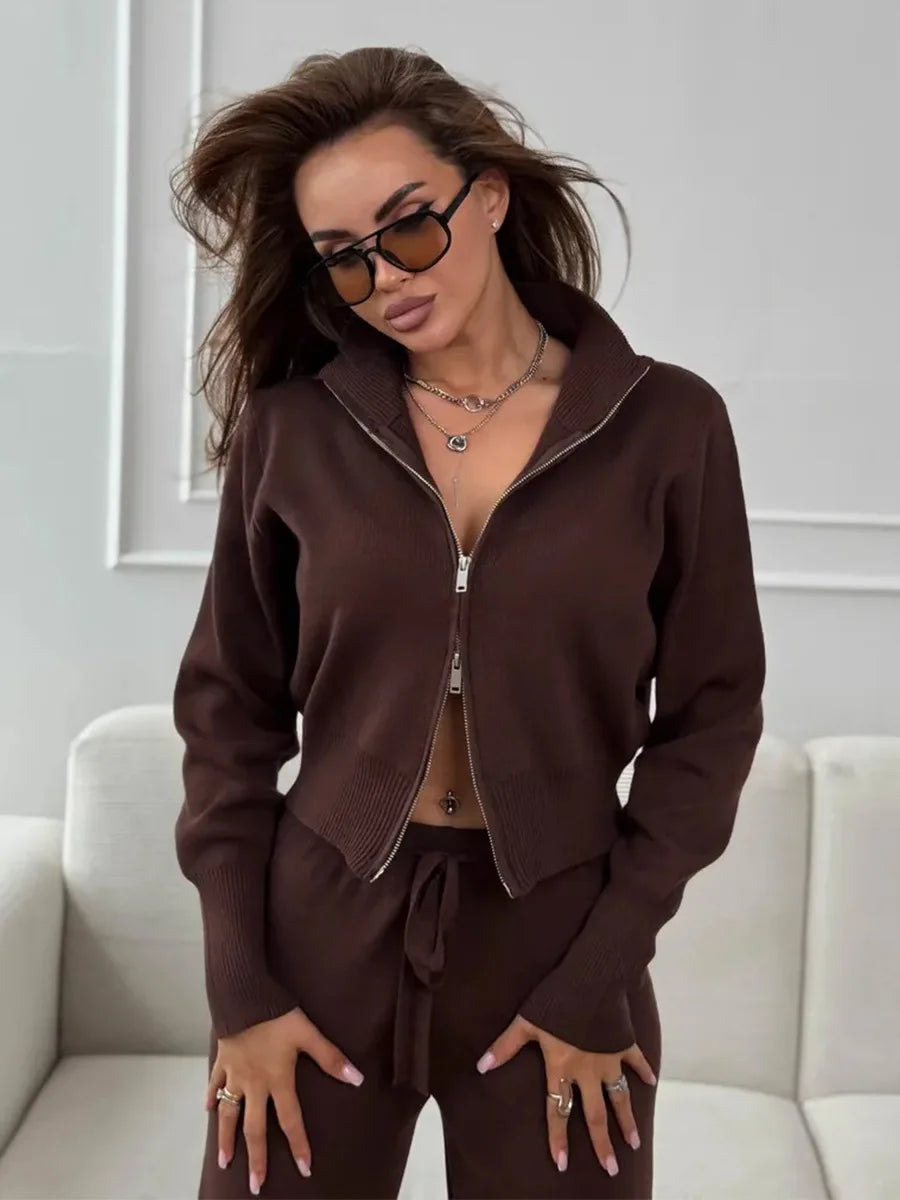 Sigourney Knit Zip-Up Cropped Cardigan & Wide-Leg Pants Two-Piece Set