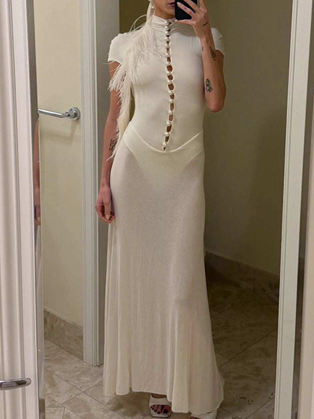 Adelina Sheer-Panel Button Bodycon Maxi Dress