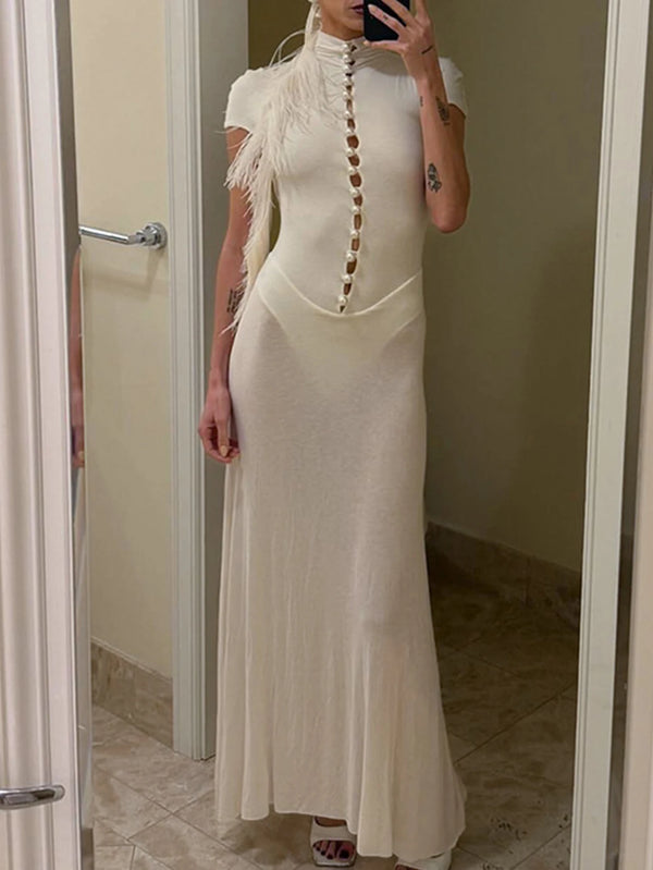 Adelina Sheer-Panel Button Bodycon Maxi Dress