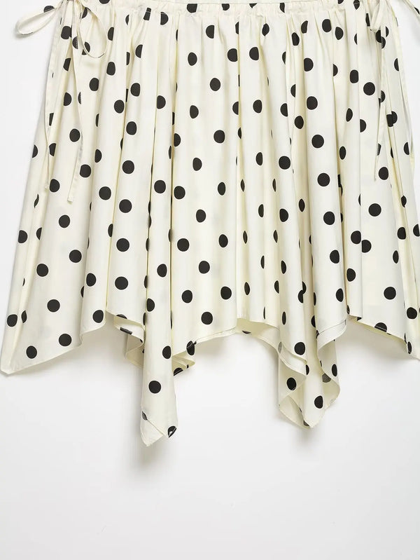 Women's Vintage Polka Dot Asymmetrical Hem Skirt White Black High Waist Drawstring Flowy Casual Midi Skirt Streetwear