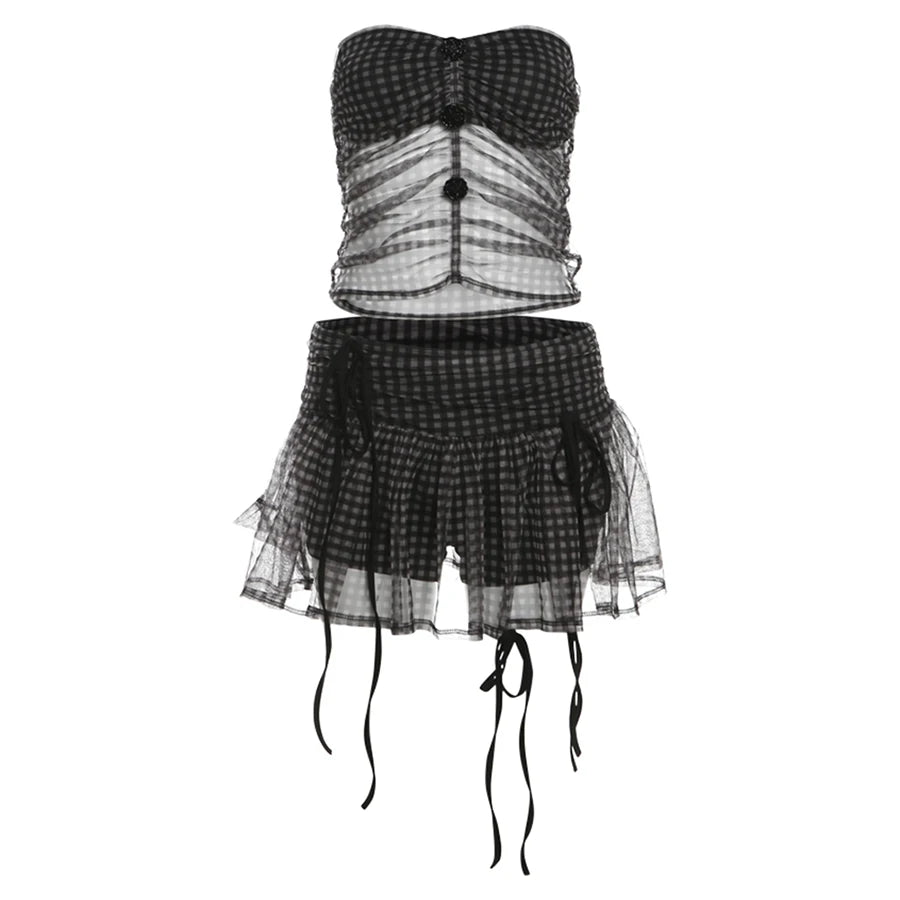 Sophia Gingham Mesh Ruched Two-piece Apparel Set
