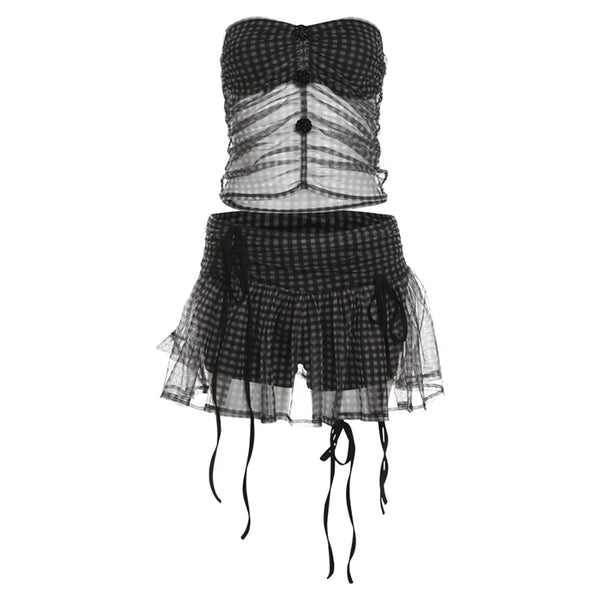 Sophia Gingham Mesh Ruched Two-piece Apparel Set