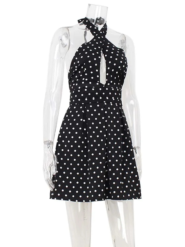 Leontyne Polka-Dot Cross-Halter Keyhole Backless A-Line Mini Dress