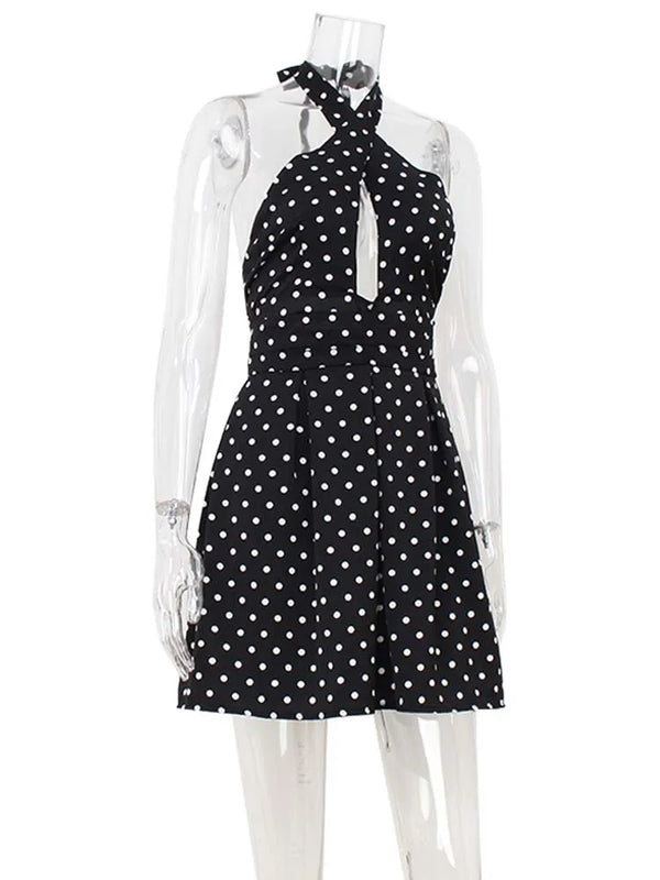 Leontyne Polka-Dot Cross-Halter Keyhole Backless A-Line Mini Dress