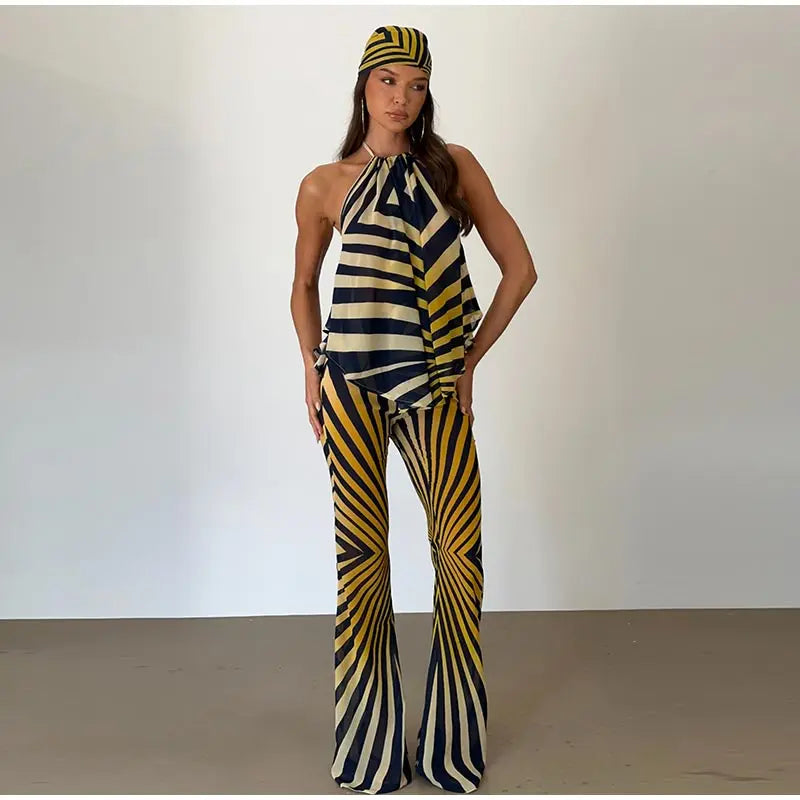 Marisela Retro Geometric Stripe Halter Backless Top & Flare Pants Two-piece