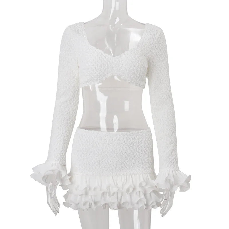Rosamunde White Ruffle Low-Neck Crop Top & Mini Skirt Two-piece