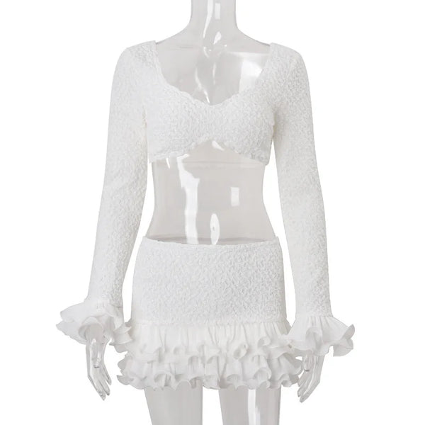 Rosamunde White Ruffle Low-Neck Crop Top & Mini Skirt Two-piece