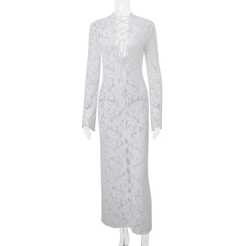 Vivienne Lace-Up Sheer Split Maxi Dress