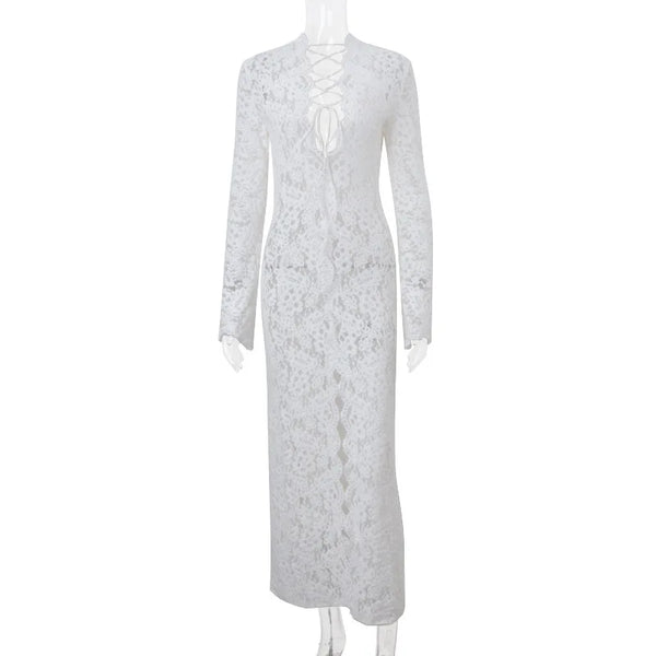Vivienne Lace-Up Sheer Split Maxi Dress